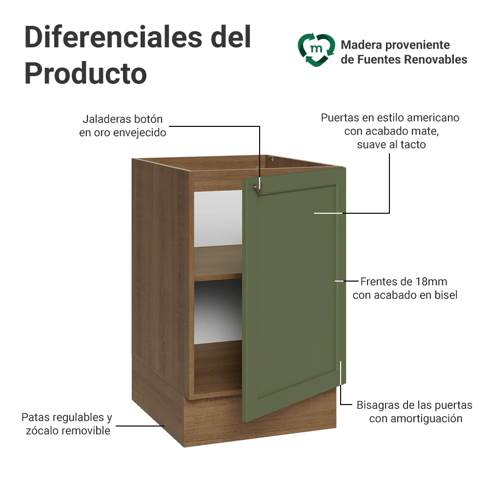 Bajo Mesada 50 x 60 cm 1 Puerta (Sin Mesada) Marrón/Verde Vik - Image 3