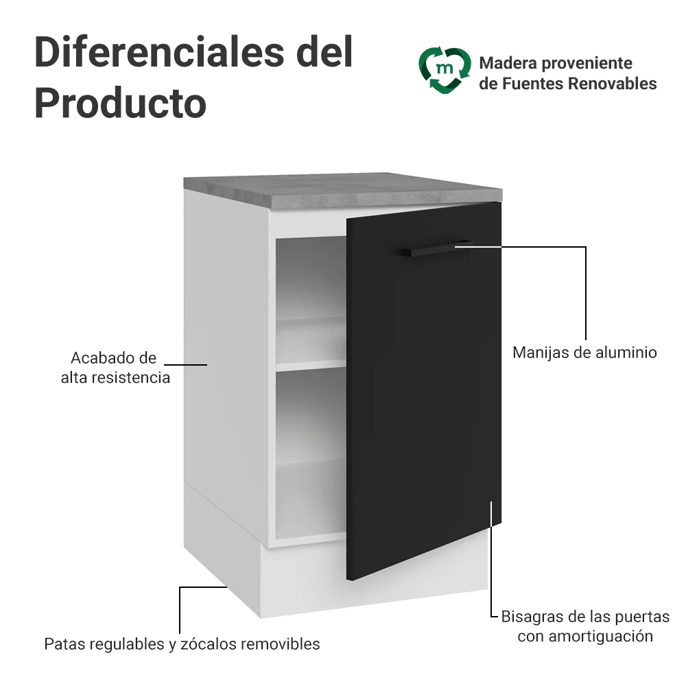 Bajo Mesada 50 x 60 cm 1 Puerta (Con mesada) Blanco/Negro Agata - Image 3