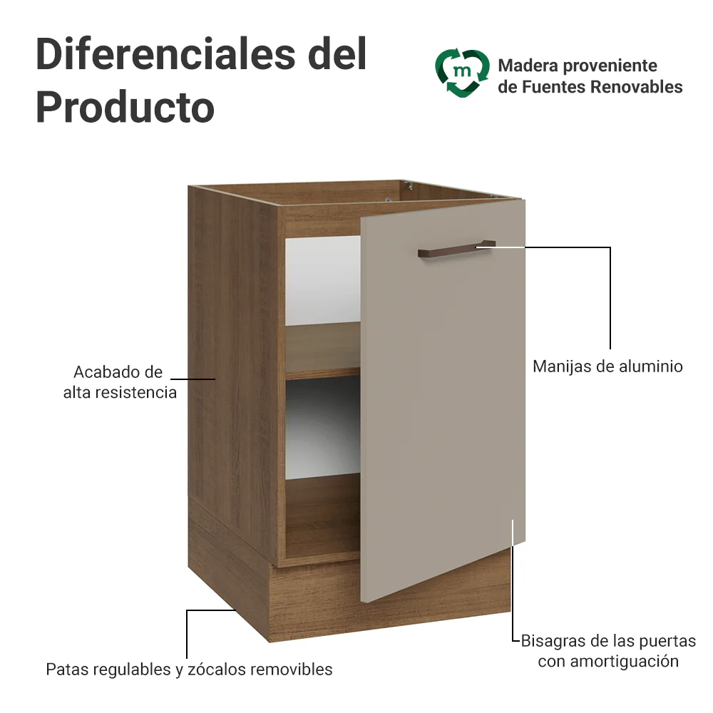 Bajo Mesada 50 x 60cm 1 Puerta (Sin Mesada) Ágata Marrón/Crema - Image 3