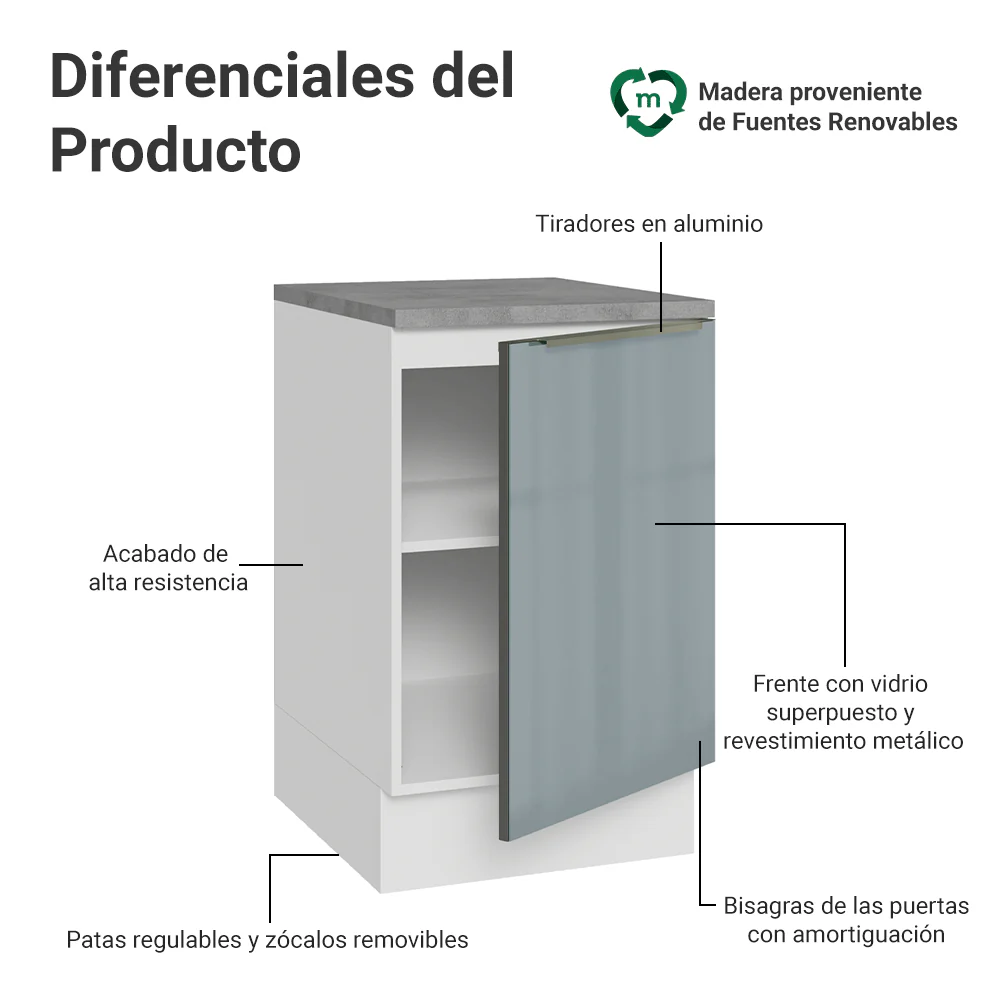Bajo Mesada 50cm X 60 cm, 1 Puerta (Con Mesada) Blanco/Gris Lux Madesa - Image 3