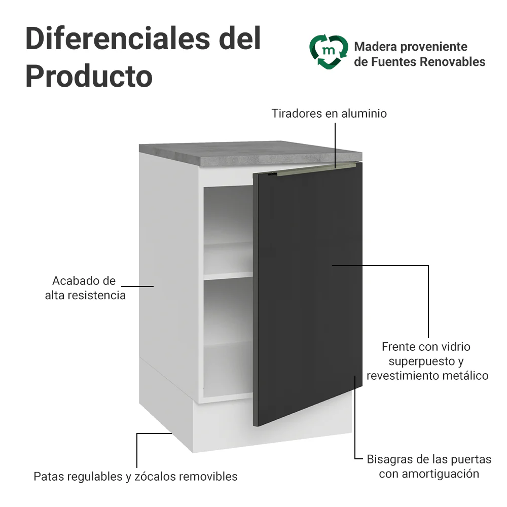 Bajo Mesada 50cm X 60 cm, 1 Puerta (Con Mesada) Blanco/Negro Lux Madesa - Image 3