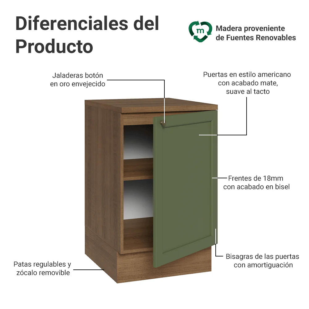 Bajo Mesada 50cm 1 puerta Marrón/Verde Vik Madesa - Image 3