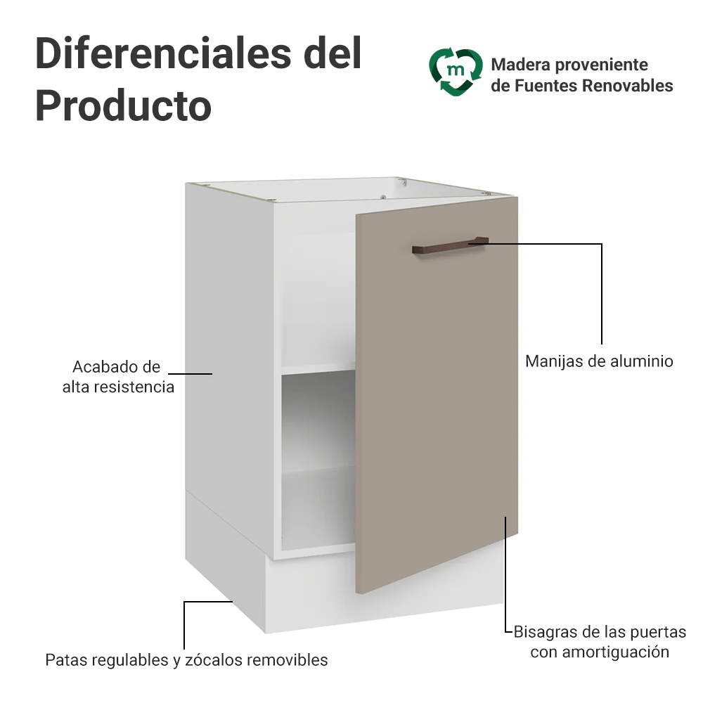 Bajo Mesada 50cm 1 Puerta (Sin Mesada) Blanco/Crema Agata Madesa - Image 3