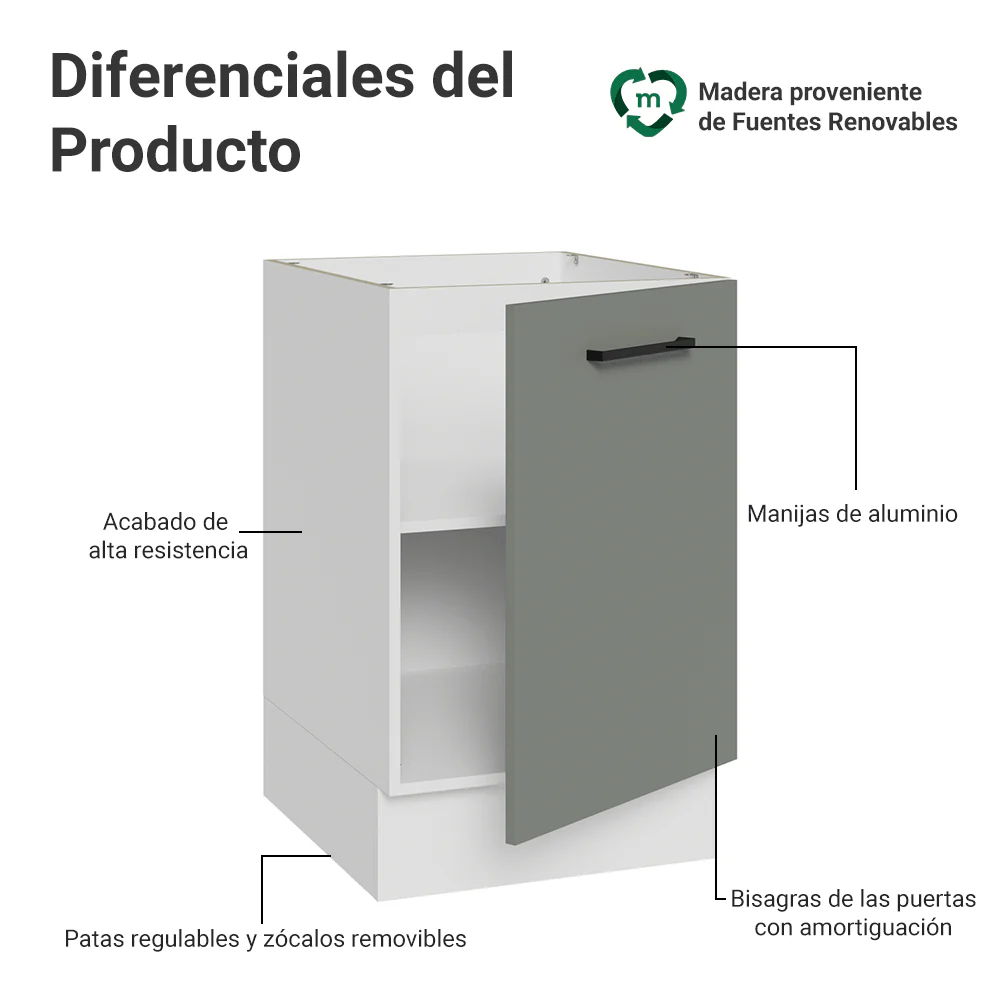Bajo Mesada 50cm 1 Puerta (Sin Mesada) Blanco/Gris Agata Madesa - Image 3