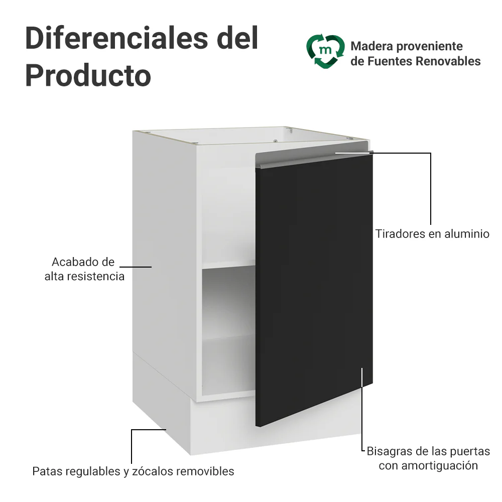 Bajo Mesada 50cm 1 Puerta (Sin Mesada) Blanco/Negro Glamy Madesa - Image 3