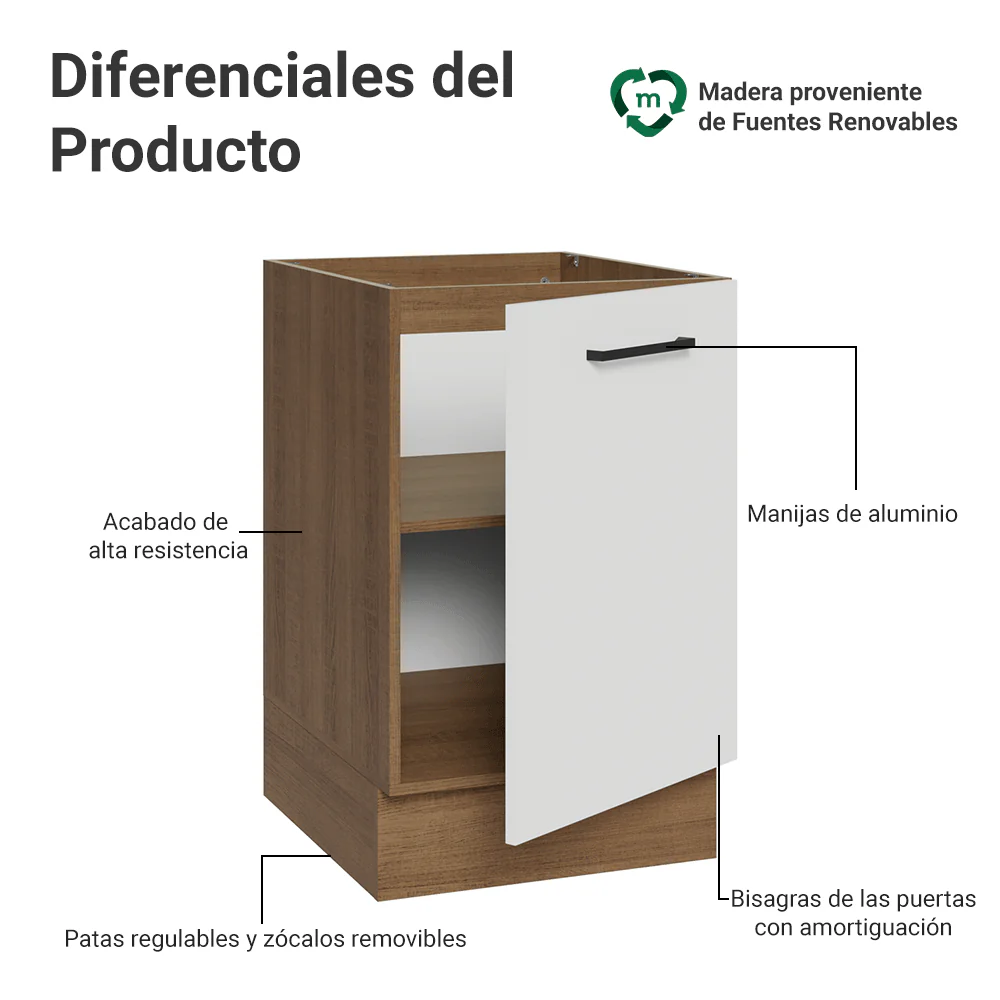 Bajo Mesada 50cm 1 Puerta (Sin Mesada) Marrón/Blanco Agata Madesa - Image 3