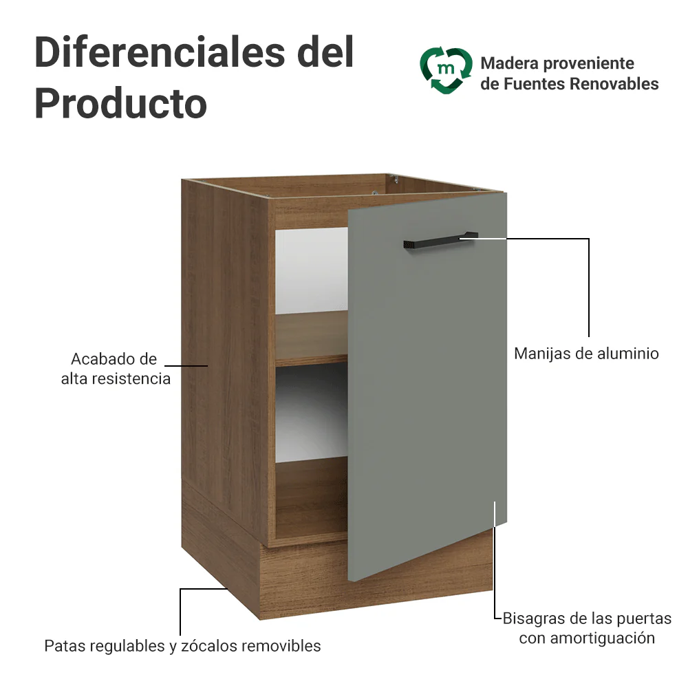 Bajo Mesada 50cm 1 Puerta (Sin Mesada) Marrón/Gris Agata Madesa - Image 3