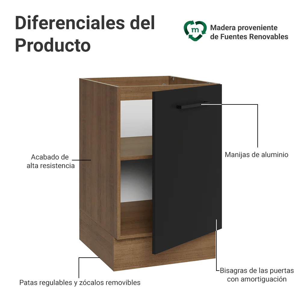 Bajo Mesada 50cm 1 Puerta (Sin Mesada) Marrón/Negro Agata Madesa - Image 3