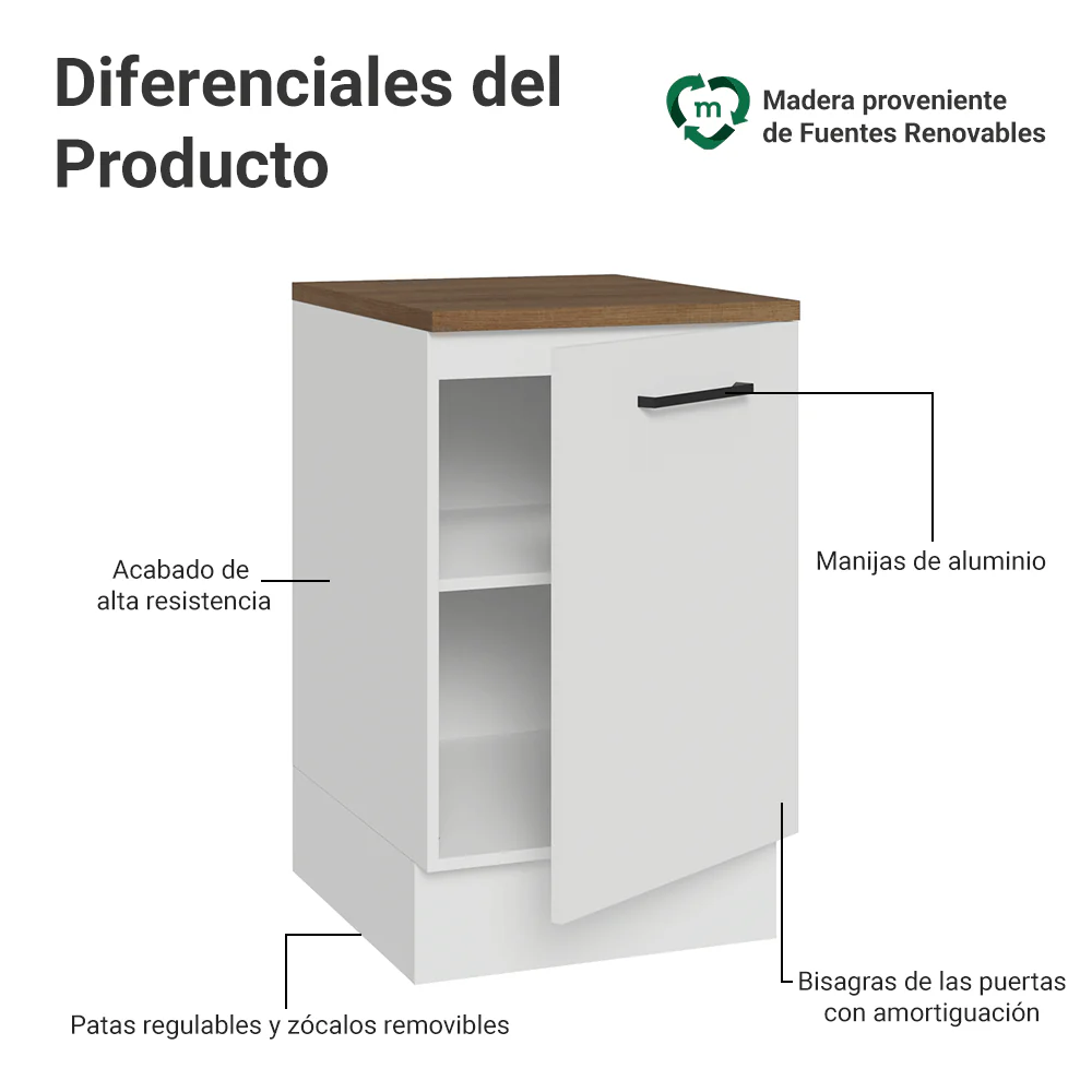 Bajo Mesada 50x60cm 1 Puerta (con mesada) Blanco/Marrón Agata - Image 3