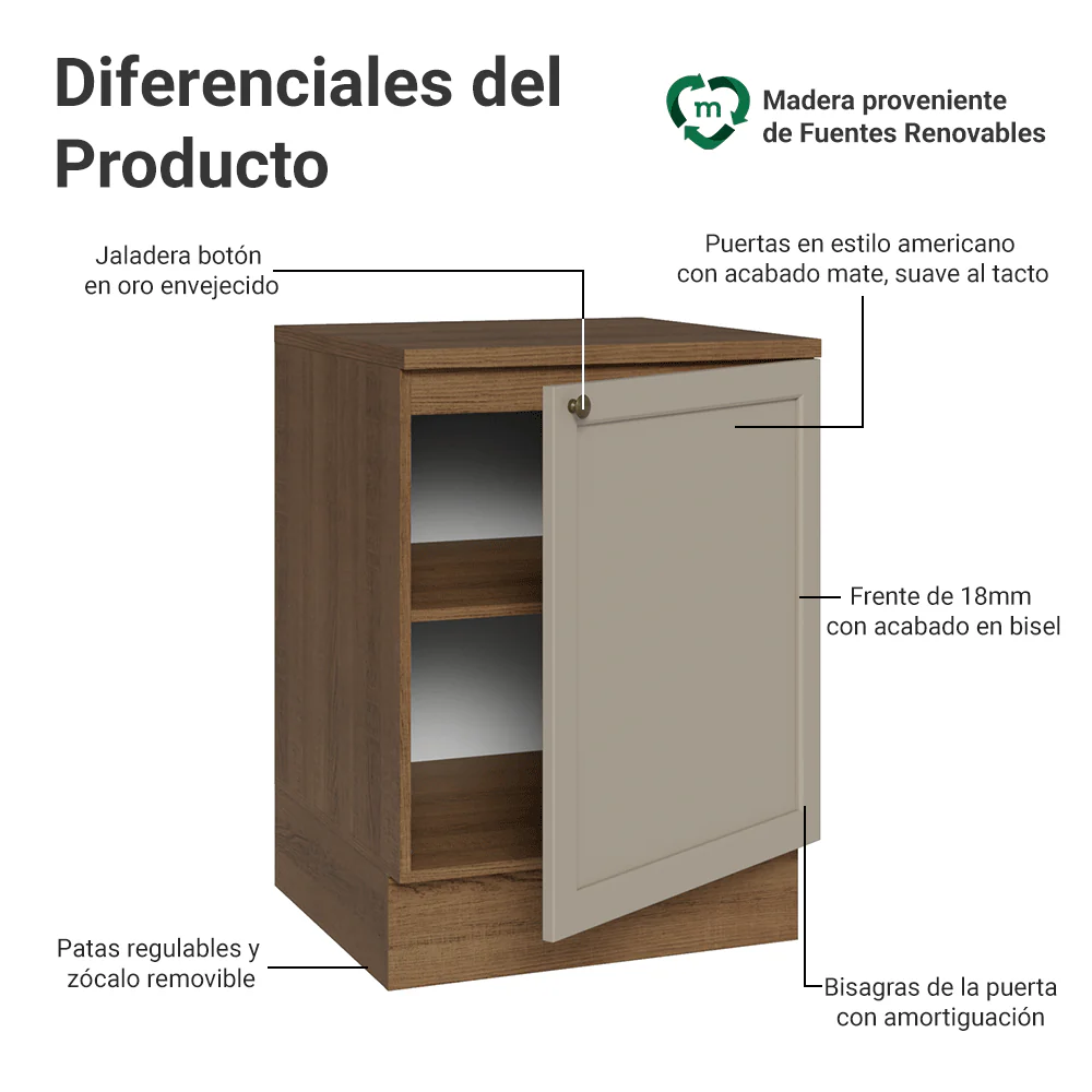 Bajo Mesada 60 cm 1 Pueta Marrón/Crema Vik Madesa - Image 3