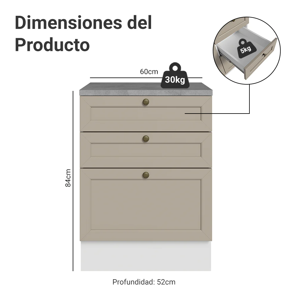 Bajo Mesada 60 cm 3 Cajones Blanco/Crema Vik Madesa - Image 2
