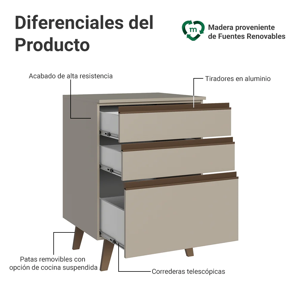 Bajo Mesada 60 cm 3 Cajones Con Patas Nice Crema - Image 3