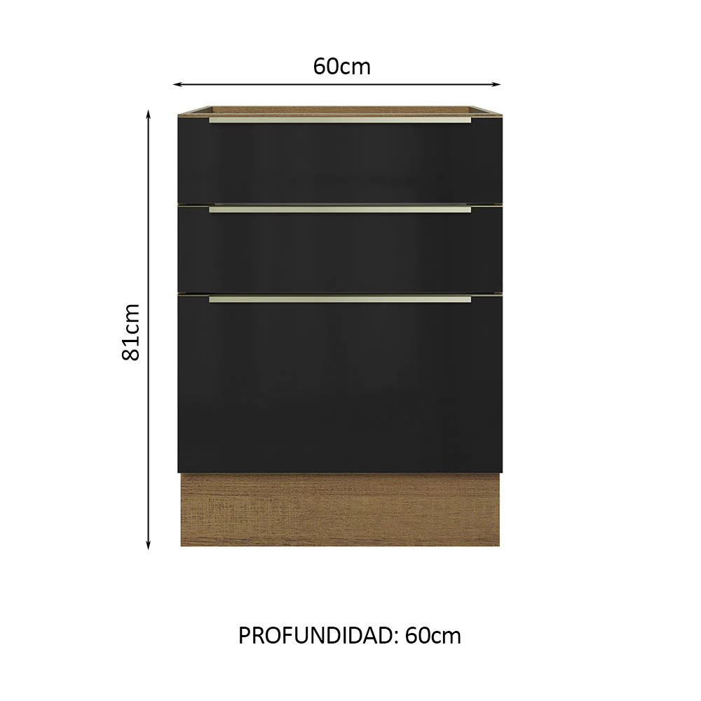 Bajo Mesada 60 cm x 60 cm, 3 Cajones Lux Marrón/Negro - Image 2