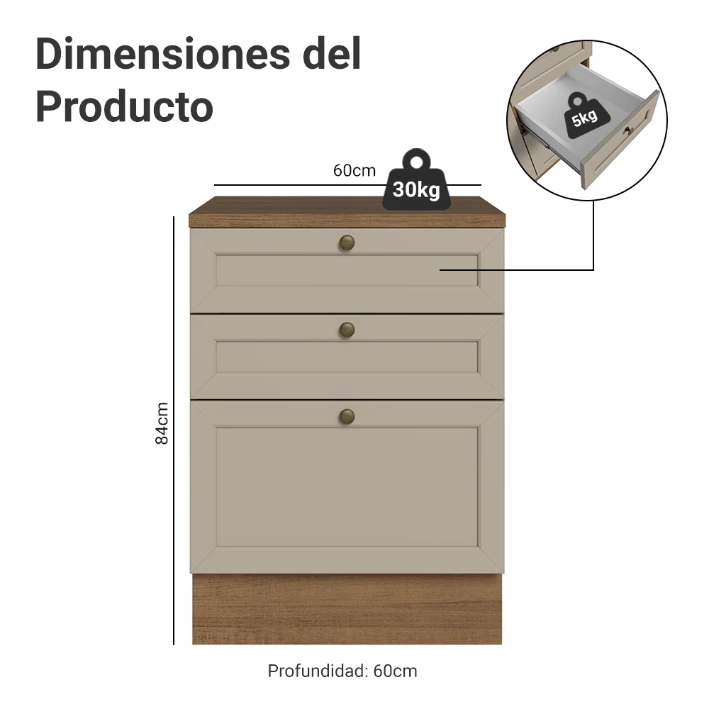 Bajo Mesada 60 x 60 cm 3 Cajones (Con Mesada) Marrón/Crema Vik Madesa - Image 2