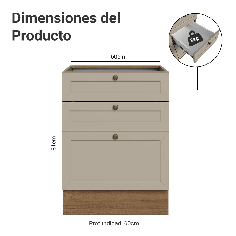 Bajo Mesada 60 x 60 cm 3 Cajones (Sin Mesada) Marrón/Crema Vik Madesa - Image 2