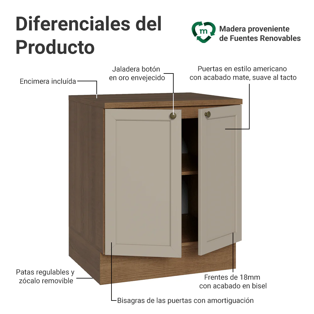 Bajo Mesada 70 x 60 cm 2 Puetas (Con Mesada) Marrón/Crema Vik Madesa - Image 3