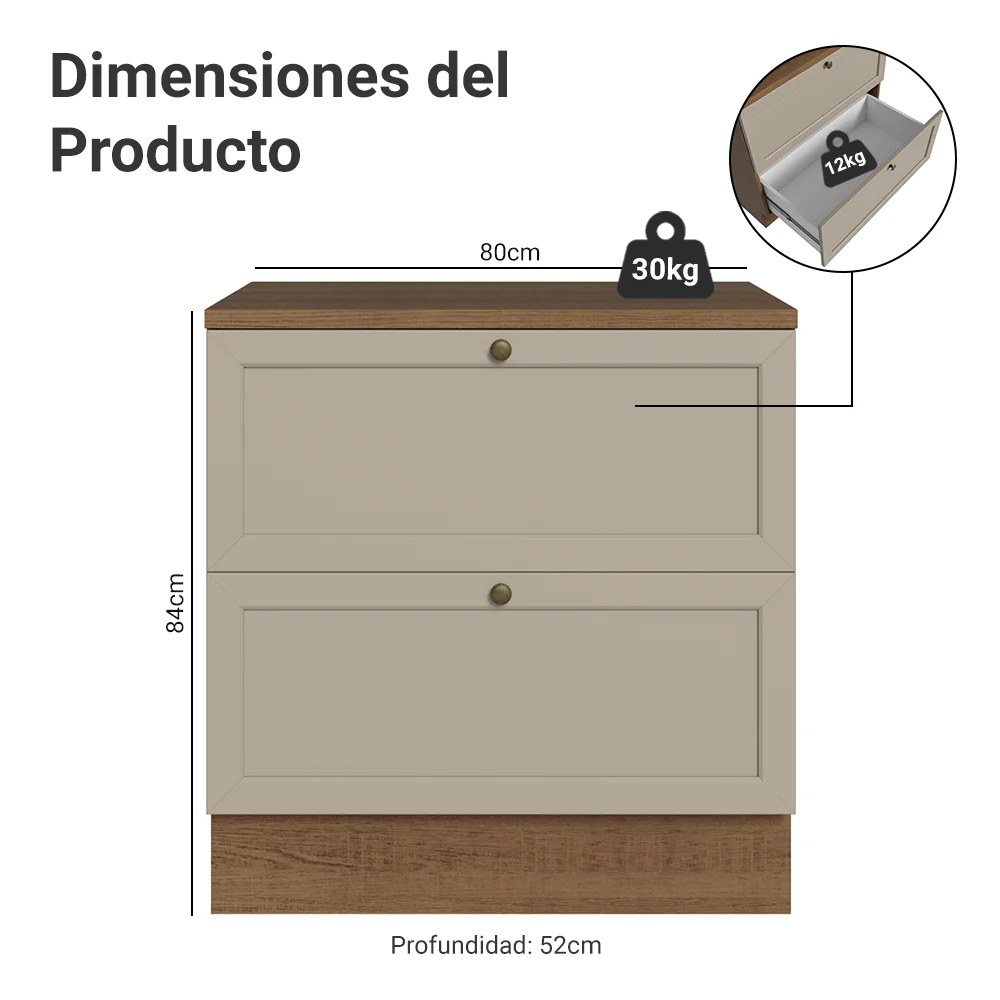 Bajo Mesada 80 cm 2 Cajones Marrón/Crema Vik Madesa - Image 2