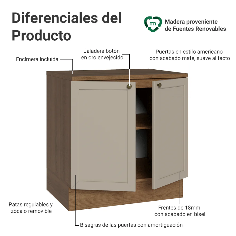 Bajo Mesada 80 cm 2 Puetas Marrón/Crema Vik Madesa - Image 3
