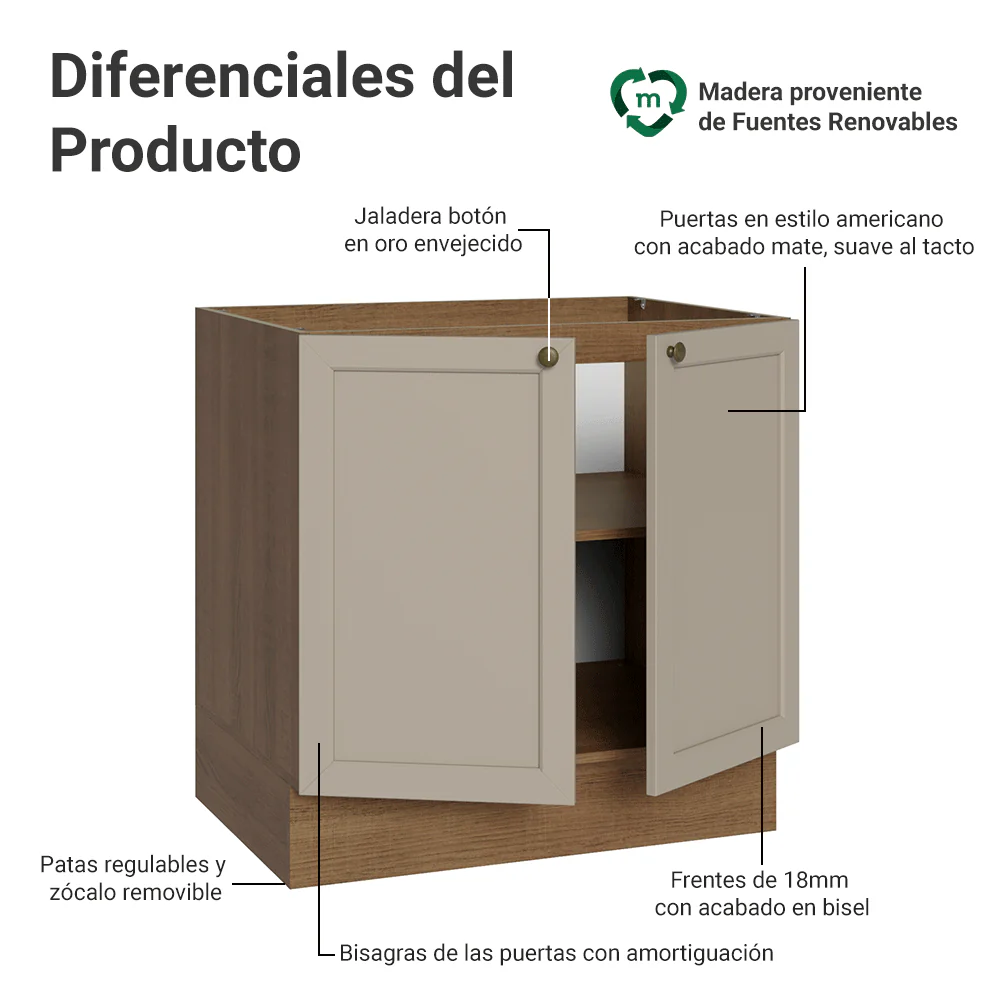 Bajo Mesada 80 x 60 cm 2 Puetas (Sin Mesada) Marrón/Crema Vik Madesa - Image 3