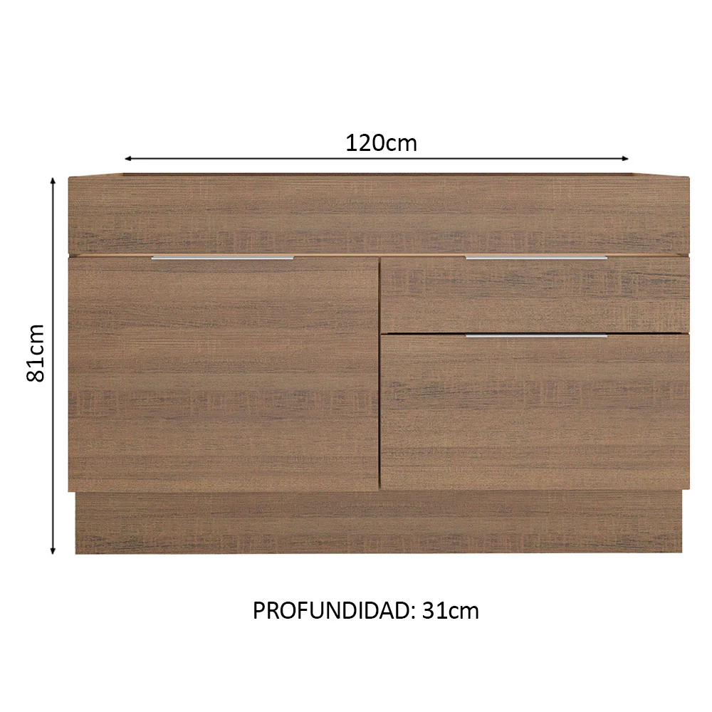 Bajo Mesada para Bacha 120 cm 1 Puerta e 2 Cajones (Sin Mesada y Bacha) Marrón Stella Madesa - Image 2