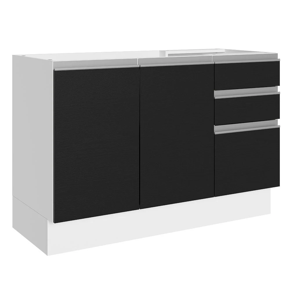 Bajo Mesada para Bacha 100% MDF 120 cm 3 Puertas 2 Cajones Blanco/Negro Acordes Madesa
