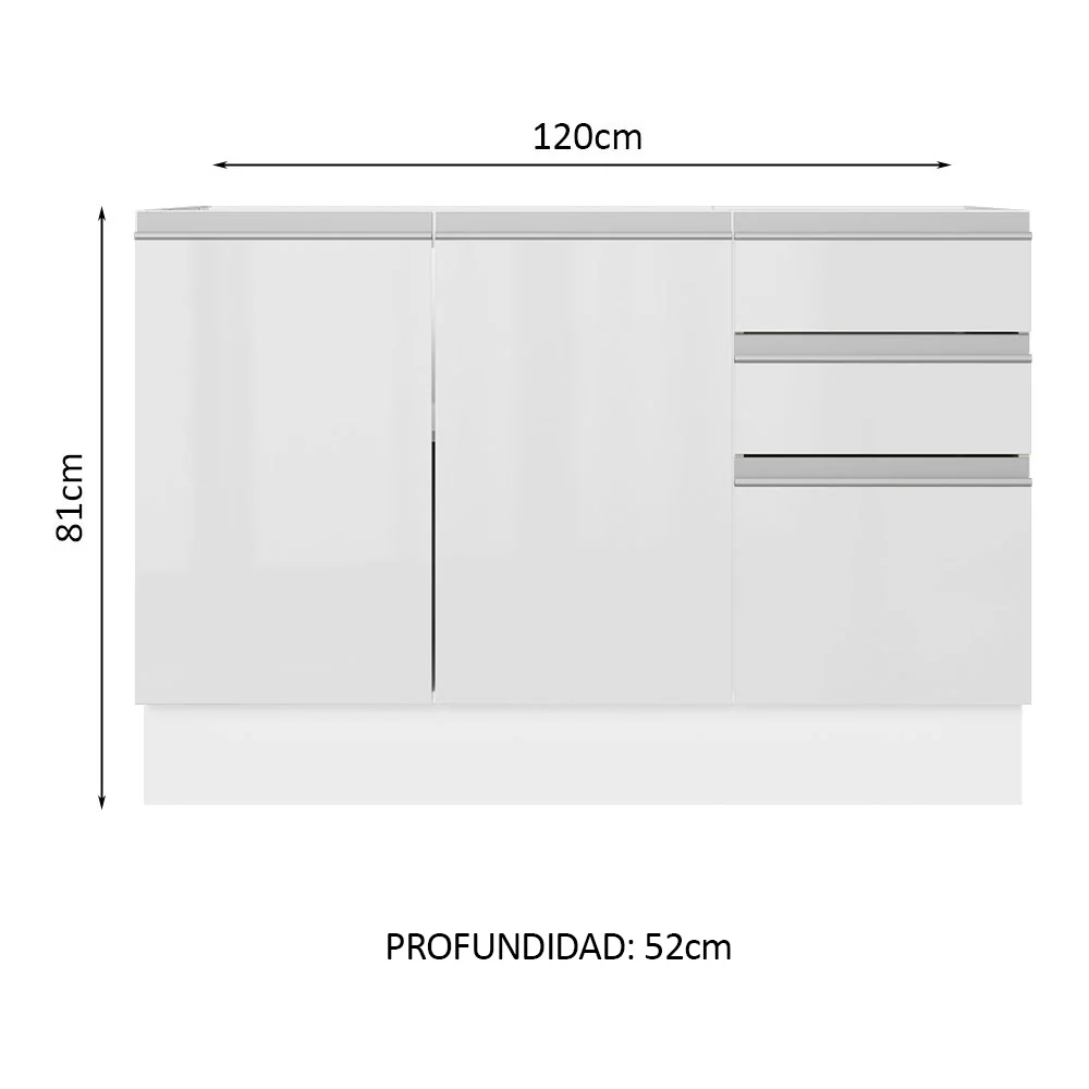 Bajo Mesada para Bacha 100% MDF 120 cm 3 Puertas e 2 Cajones Frentes Blanco Brillante Acordes Madesa - Image 2