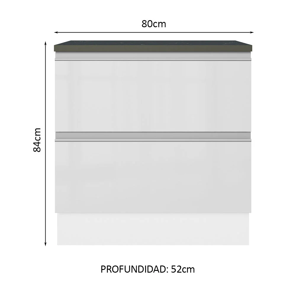 Bajo Mesada Cocina 100% MDF 80 cm 2 Cajones Frentes Blanco Brillante Acordes Madesa - Image 2