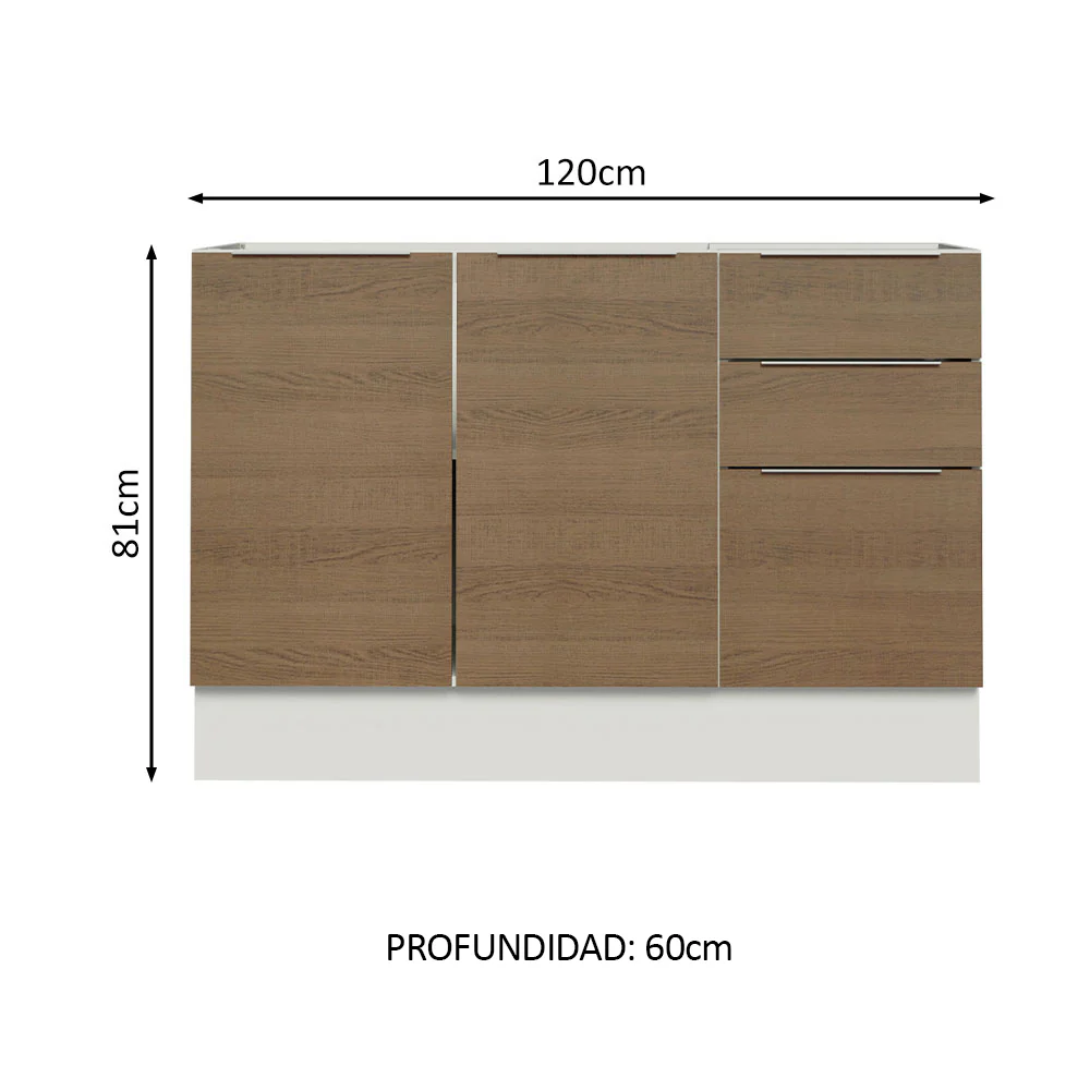 Bajo Mesada Cocina 120 x 60 cm 2 Puertas e 3 Cajones (Sin Mesada) Blanco/Marrón Stella Madesa - Image 2