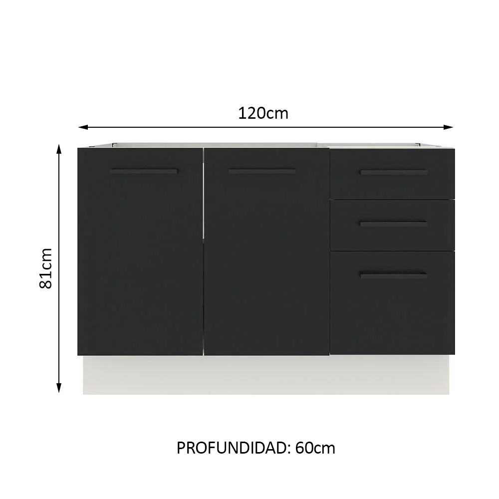 Bajo Mesada Cocina 120 x 60 cm 2 Puertas e 3 Cajones (Sin Mesada) Blanco/Negro Agata Madesa - Image 2