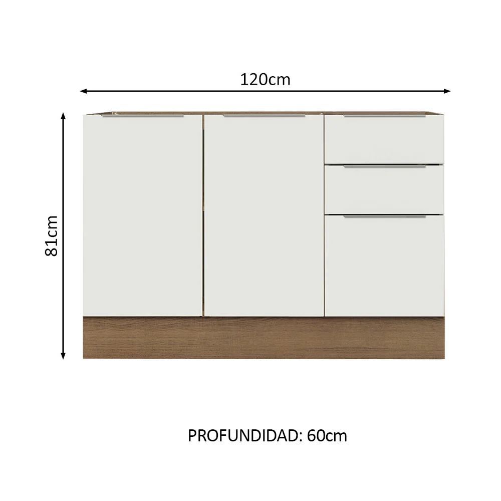 Bajo Mesada Cocina 120 x 60 cm 2 Puertas e 3 Cajones (Sin Mesada) Marrón/Blanco Stella Madesa - Image 2