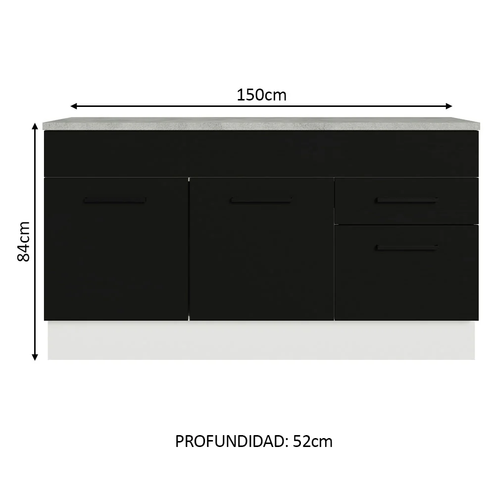 Bajo Mesada Cocina 150 cm 2 Cajones 2 Puertas (Con Mesada) Blanco/Negro Agata Madesa - Image 3