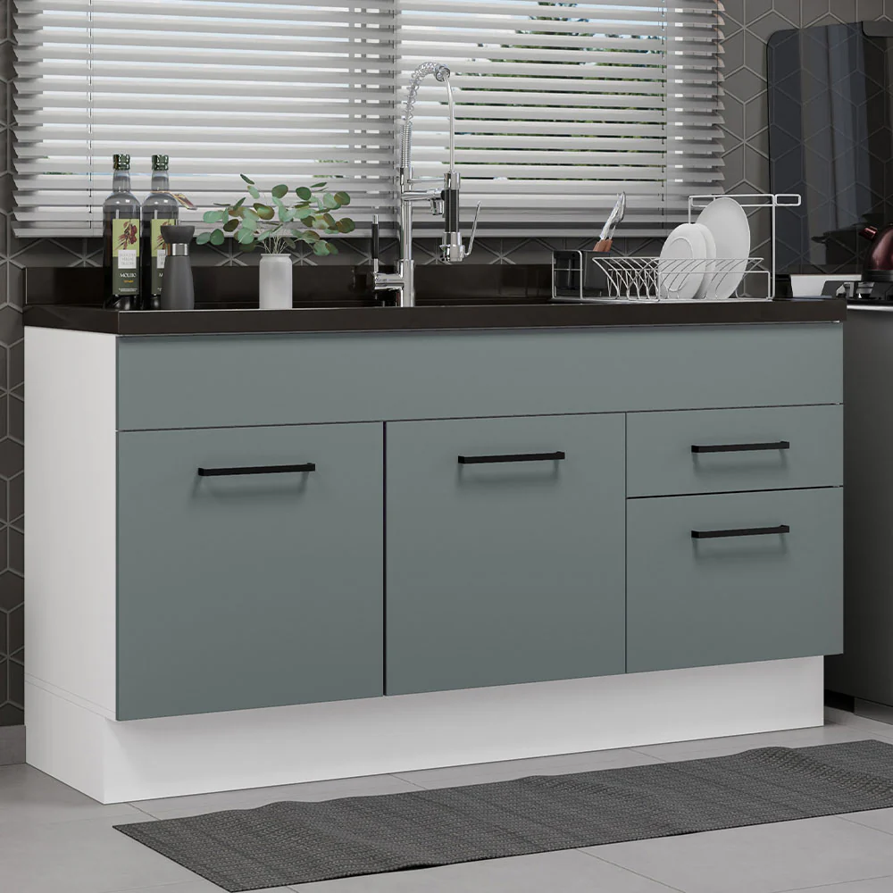 Bajo Mesada Cocina 150 cm 2 Puertas e 2 Cajones (Sin Mesada y Bacha) Blanco/Gris Agata Madesa