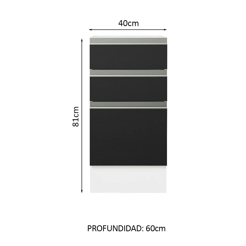 Bajo Mesada Cocina 40 x 60 cm 3 Cajones (Sin Mesada) Blanco/Negro Glamy Madesa - Image 2
