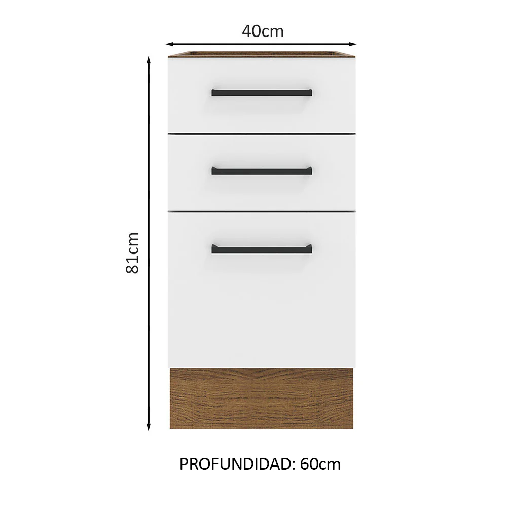 Bajo Mesada Cocina 40 x 60 cm 3 Cajones (Sin Mesada) Marrón/Blanco Agata Madesa - Image 2