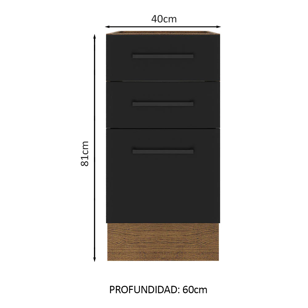 Bajo Mesada Cocina 40 x 60 cm 3 Cajones (Sin Mesada) Marrón/Negro Agata Madesa - Image 2