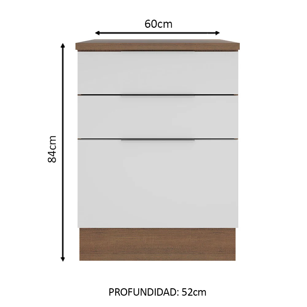 Bajo Mesada Cocina 60 cm 3 Cajones Marrón/Blanco Stella Madesa - Image 2