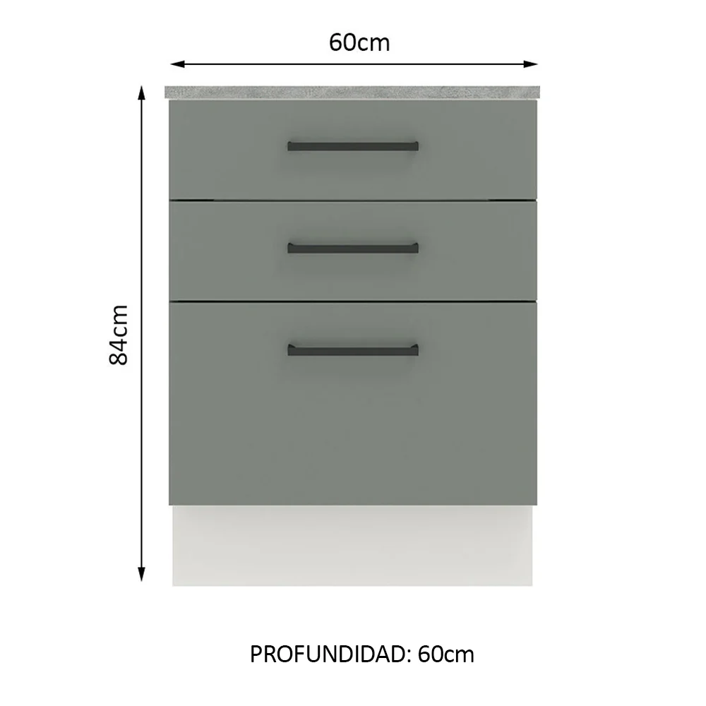 Bajo Mesada Cocina 60 x 60 cm 3 Cajones (Con Mesada) Blanco/Gris Agata Madesa - Image 2