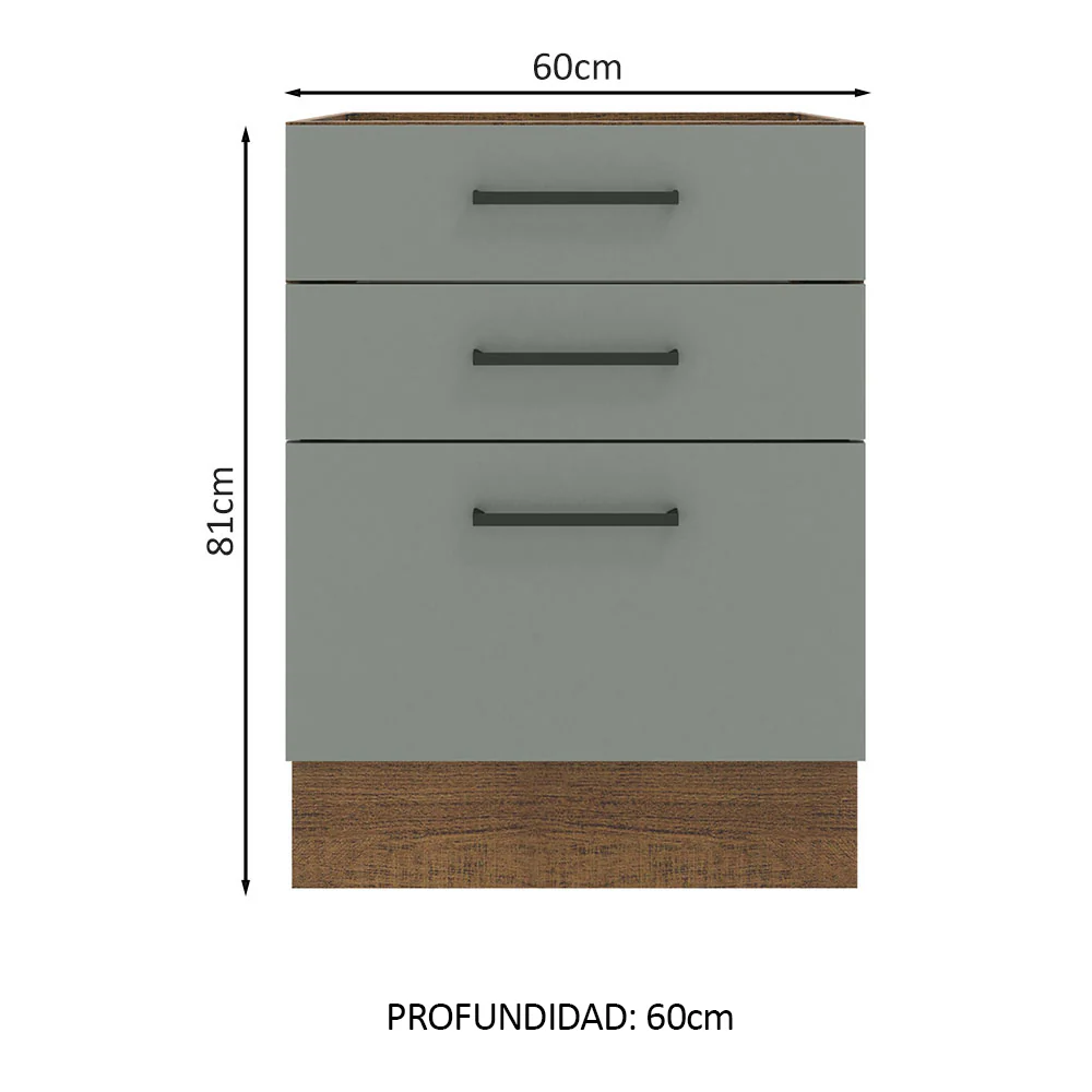 Bajo Mesada Cocina 60 x 60 cm 3 Cajones (Sin Mesada) Marrón/Gris Agata Madesa - Image 2