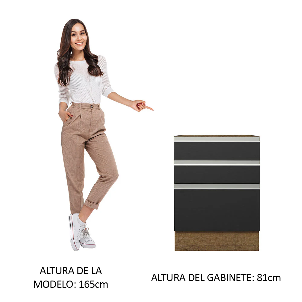 Bajo Mesada Cocina 60 x 60 cm 3 Cajones (Sin Mesada) Marrón/Negro Glamy Madesa - Image 3