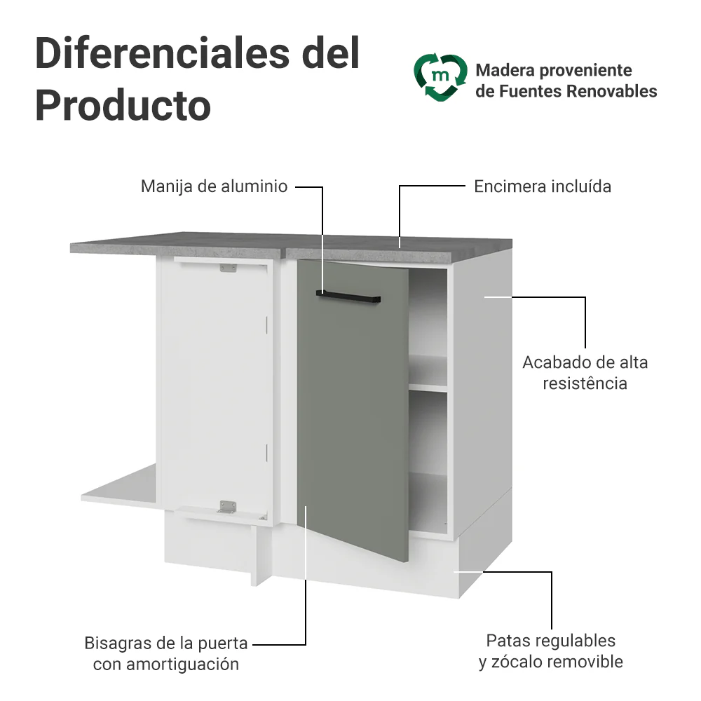 Bajo Mesada Cocina Esquinera 1 Puerta 60 cm Profundidad (Con Mesada) Blanco/Gris Agata Madesa - Image 5