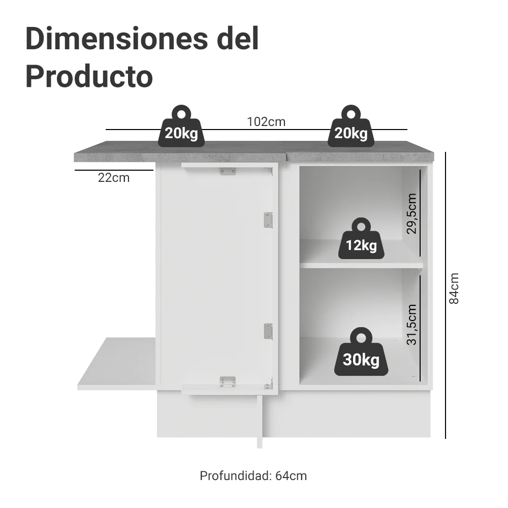 Bajo Mesada Cocina Esquinera 1 Puerta 60 cm Profundidad (Con Mesada) Blanco/Marrón Stella Madesa - Image 2