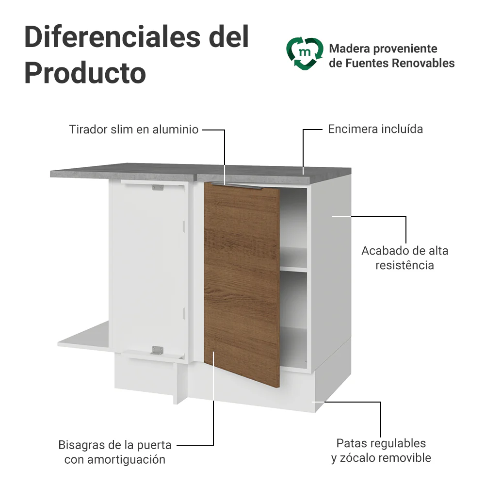 Bajo Mesada Cocina Esquinera 1 Puerta 60 cm Profundidad (Con Mesada) Blanco/Marrón Stella Madesa - Image 3