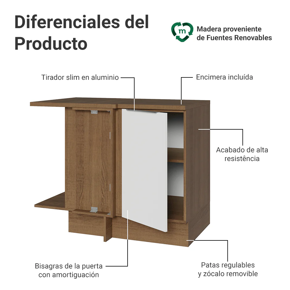 Bajo Mesada Cocina Esquinera 1 Puerta 60 cm Profundidad (Con Mesada) Marrón/Blanco Stella Madesa - Image 3