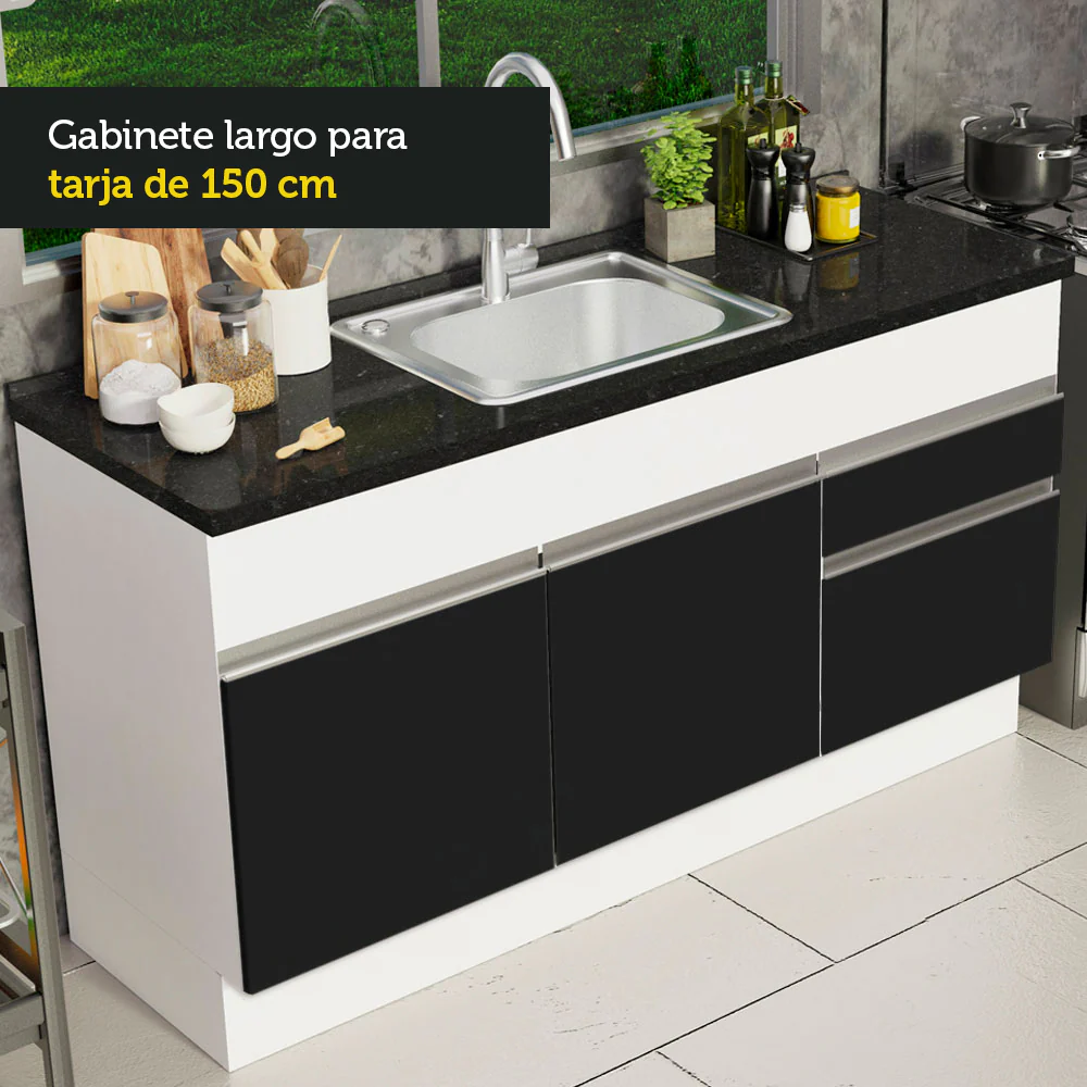 Bajo Mesada Cocina Madesa Glamy 150 cm 2 Puertas Blanco/Negro - Image 4