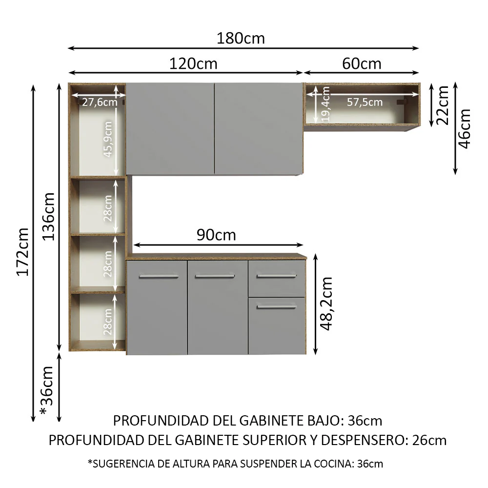 Cocina Compacta 180cm Marrón/Gris Easy Madesa - Image 2