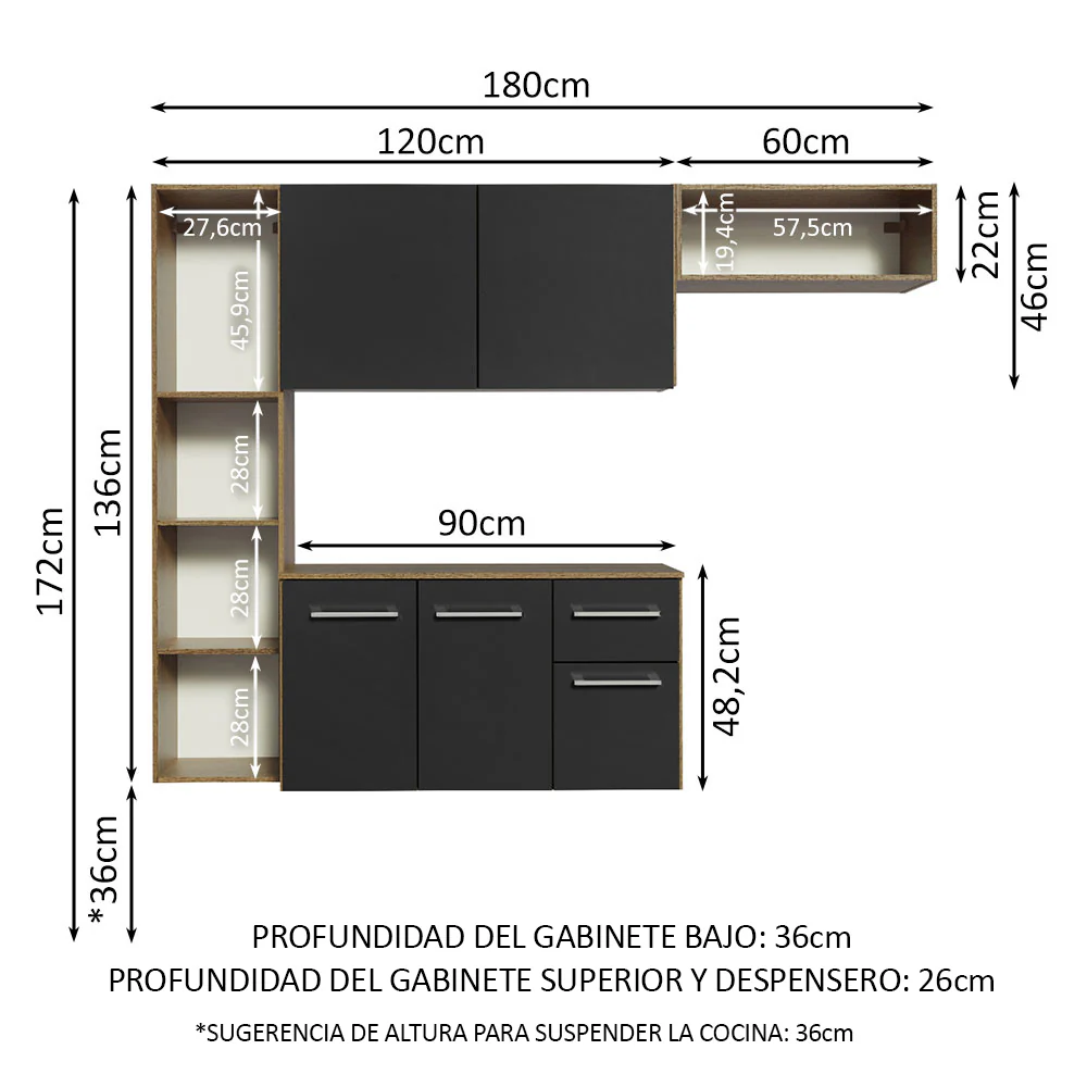 Cocina Compacta 180cm Marrón/Negro Easy Madesa - Image 2