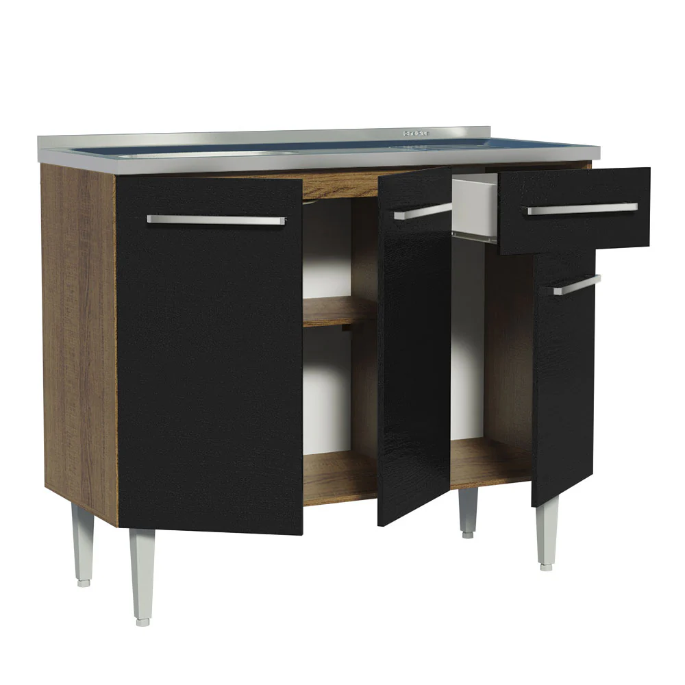 Bajo Mesada con Bacha 105 cm 3 Puertas y 1 Cajón Emilly Marrón/Negro - Image 8