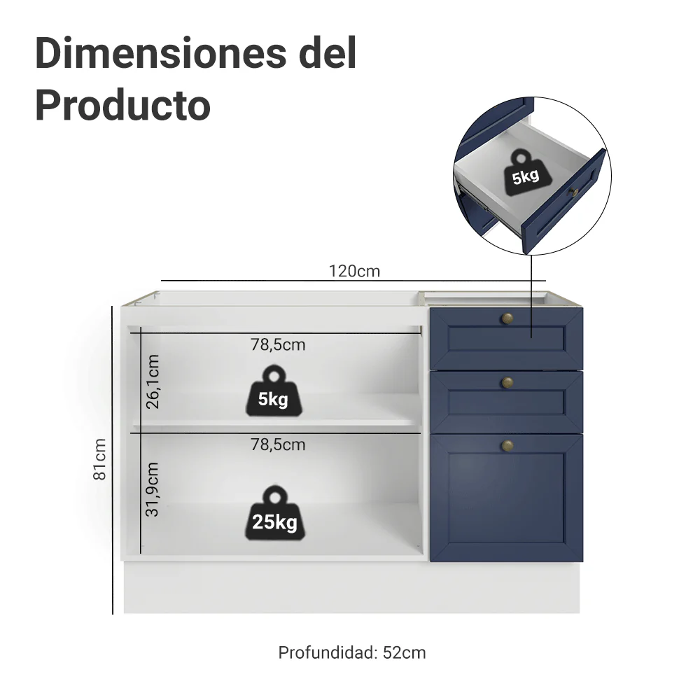 Bajo Mesada para Bacha 120 cm 2 Puertas 3 Cajones (Sin Mesada y Bacha) Blanco/Azul Vik Madesa - Image 2
