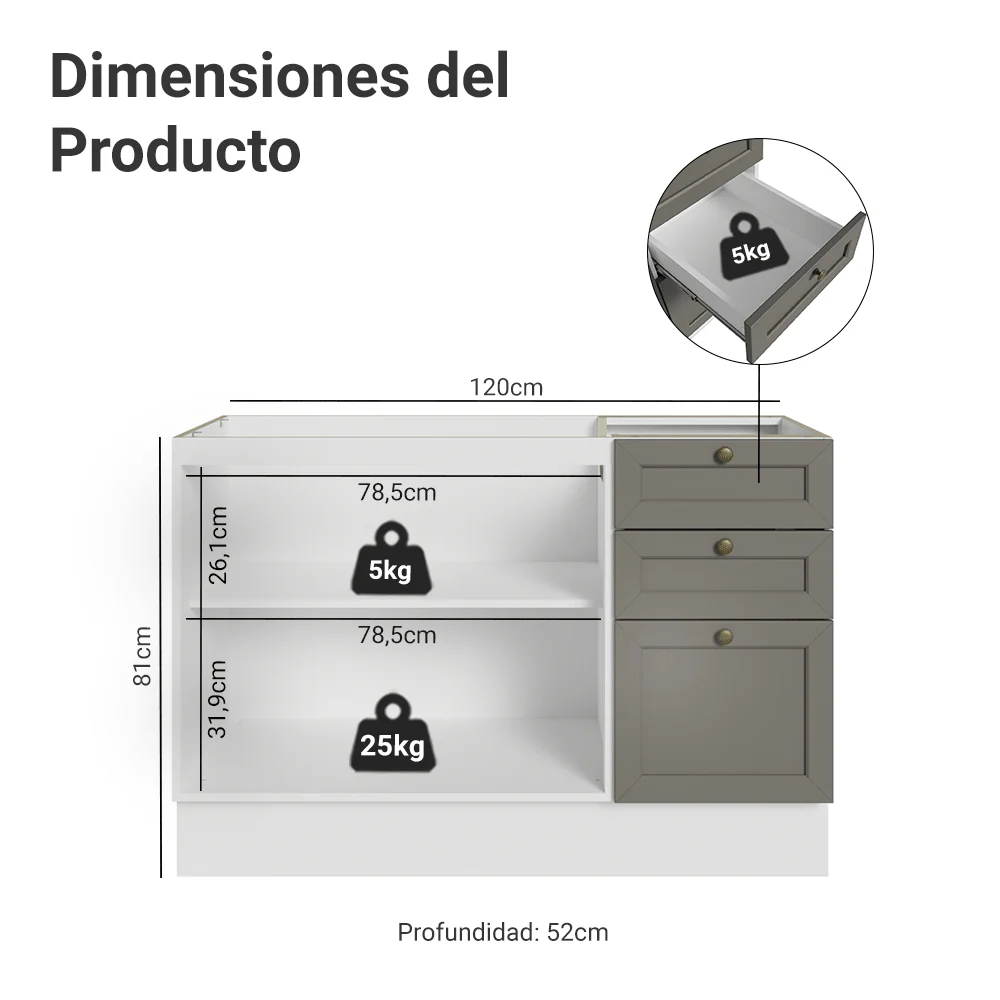 Bajo Mesada para Bacha 120 cm 2 Puertas 3 Cajones (Sin Mesada y Bacha) Blanco/Gris Vik Madesa - Image 2