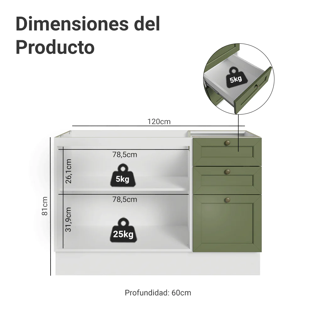 Bajo Mesada Cocina 120 x 60 cm 2 Puertas 3 Cajones (Sin Mesada) Blanco/Verde Vik Madesa - Image 2